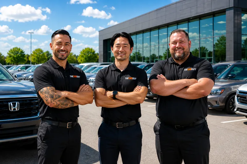 Three dealership team members in black polo shirts standing with crossed arms in front of a car lot.