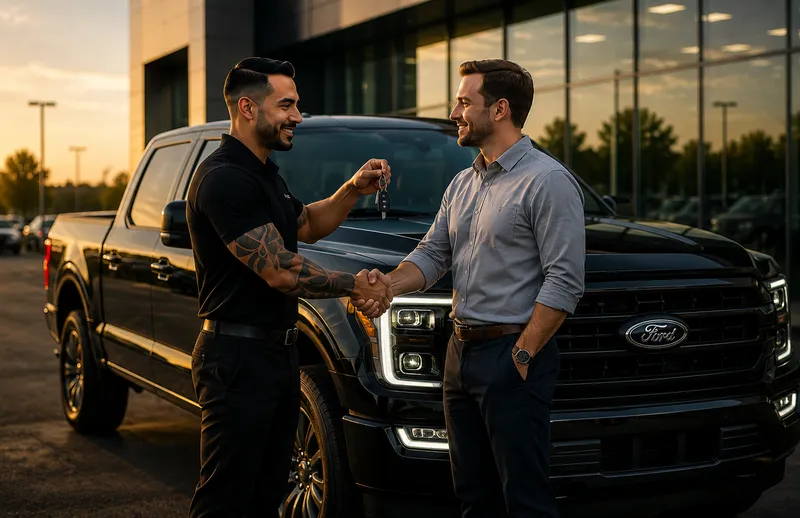A salesperson hands keys to a customer while shaking hands beside a black pickup truck at sunset.