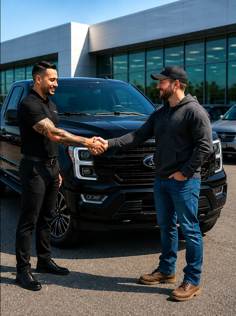 A salesperson and customer shake hands next to a dark Ford truck outside the modern dealership showroom.
