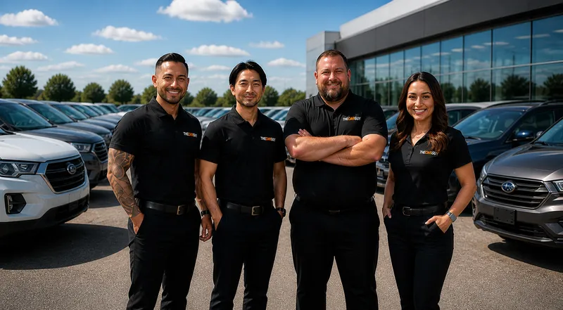 Four smiling dealership team members in matching black polo shirts standing confidently among rows of vehicles.