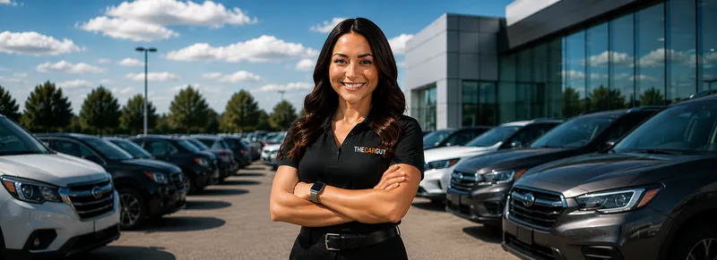 A smiling female salesperson stands confidently with crossed arms among rows of vehicles at the modern dealership lot.