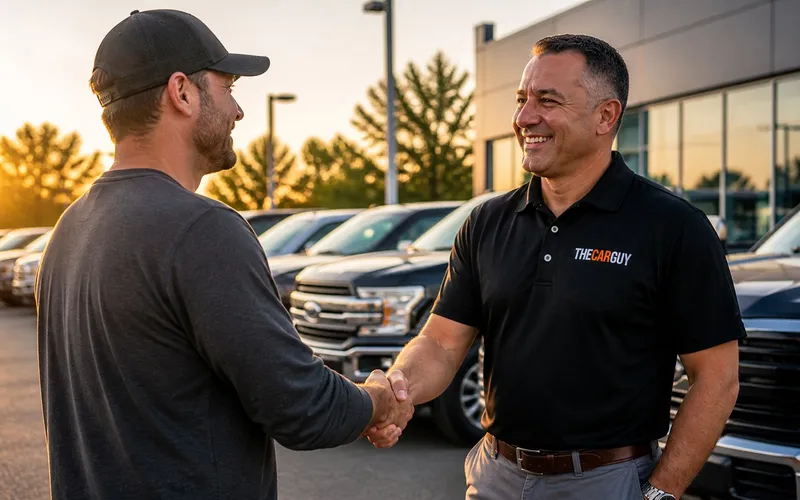 Two men shake hands at the dealership lot during golden hour.