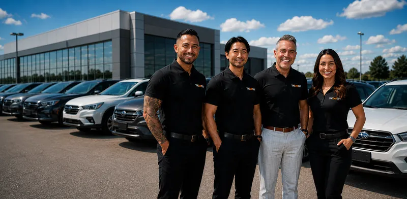 Four dealership team members in matching black polo shirts stand smiling together in front of their modern showroom and car inventory.